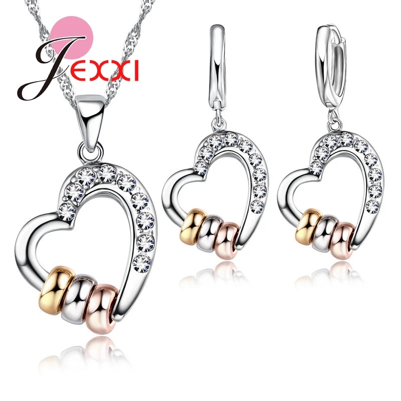 925 Silver Heart Jewelry Set Necklace Earrings Pendant