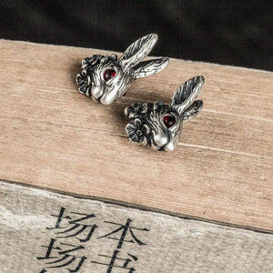 Punk Antique Silver Stud Earring Red Eye Rabbit Hip Hop Jewelry