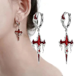 Red Drip Cross Earrings Punk Halloween Hip Hop Style Alloy COS