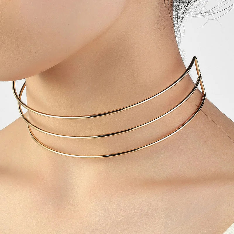 Punk Silver Metal Torques Choker Necklaces For Women