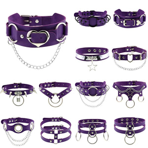 Punk Goth Purple PU Leather Choker Necklace For Women