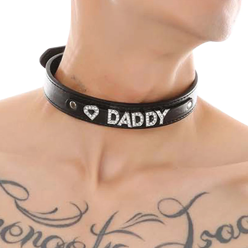 Punk Gothic PU Leather Choker Rhinestone Letter Collar Costume Jewelry