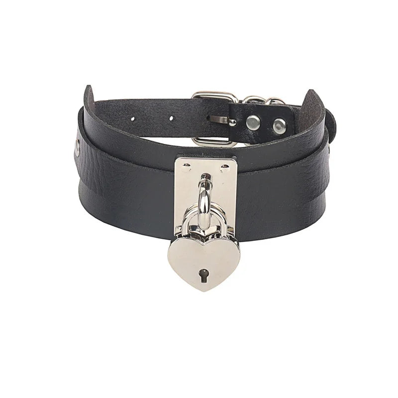 Gothic Punk Double Padlock Metal Leather Collar Necklace Set