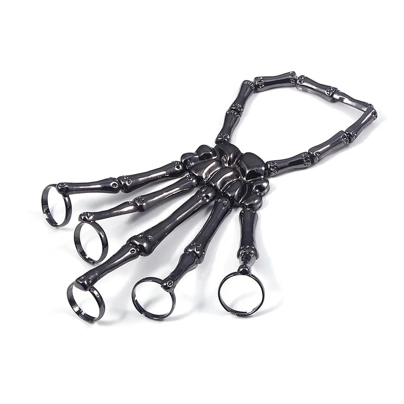 Punk Skeleton Hand Bone 5-Finger Ring Bracelet Chain Halloween Unisex Gift