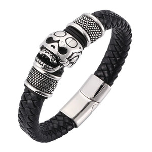 Punk Skull Leather Bracelet Stainless Steel Magnet Clasp Men Jewelry