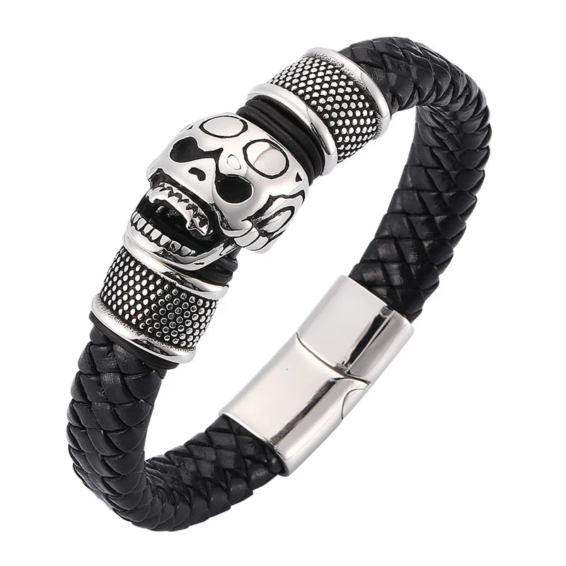 Punk Skull Leather Bracelet Stainless Steel Magnet Clasp Men Jewelry