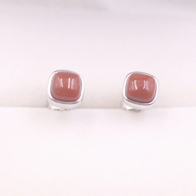 925 Silver Earrings 14x6mm SouthRedAgate Square Bead Stud Earrings