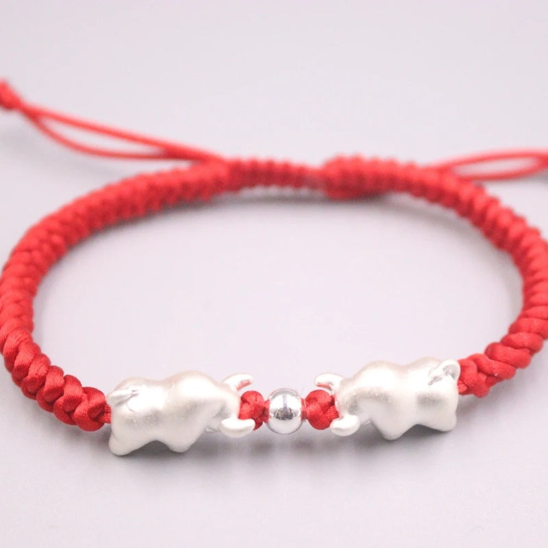 Pure 999 Fine Silver Bracelet 10mm Double Cattle Chase Bead Hand-Woven