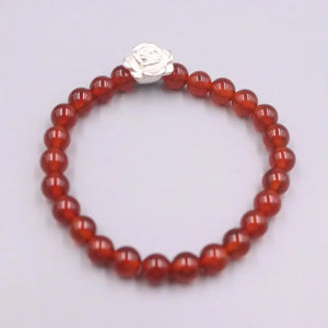 999 Fine Silver Bracelet with Red Agate Bead, Flower Design, 16-20cm
