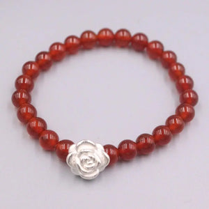 999 Fine Silver Bracelet with Red Agate Bead, Flower Design, 16-20cm