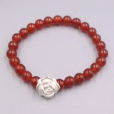 999 Fine Silver Bracelet with Red Agate Bead, Flower Design, 16-20cm