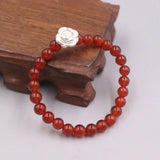 999 Fine Silver Bracelet with Red Agate Bead, Flower Design, 16-20cm