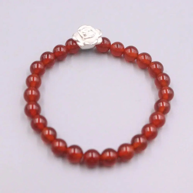 999 Fine Silver Bracelet with Red Agate Bead, Flower Design, 16-20cm