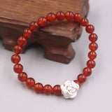 999 Fine Silver Bracelet with Red Agate Bead, Flower Design, 16-20cm