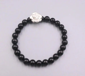 999 Fine Silver Bracelet Rose Flower Agate Beads Chain Bracelet