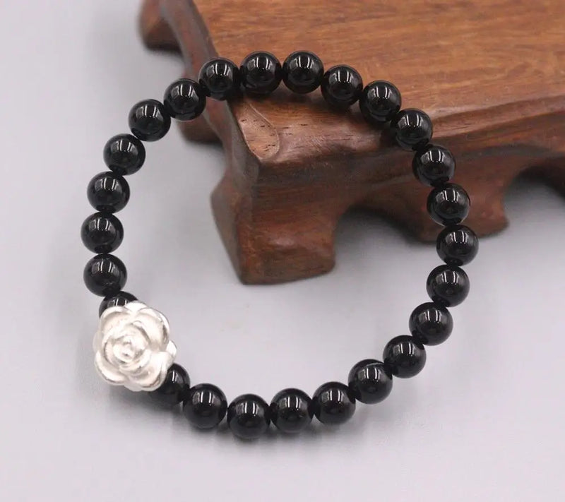 999 Fine Silver Bracelet Rose Flower Agate Beads Chain Bracelet