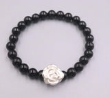 999 Fine Silver Bracelet Rose Flower Agate Beads Chain Bracelet