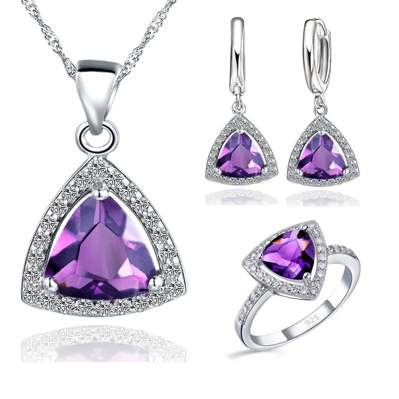 Purple CZ 925 Silver Jewelry Set for Femme