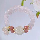 Rabbit/Peach Natural Rose Quartz Beaded Bracelet for Women