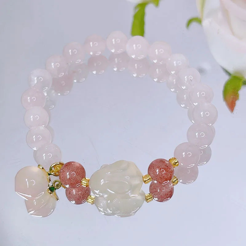Rabbit/Peach Rose Quartz/Agate Beaded Strand Bracelet