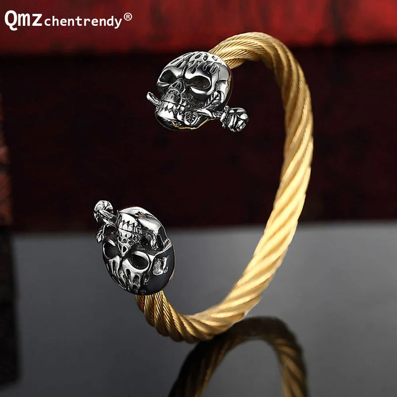 Classic Stainless Steel Wire Woven Skeleton Skull Men Rose Bangle Bracelet