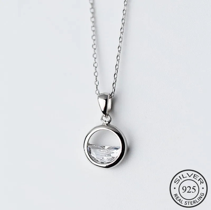925 Silver Round Crystal Pendant Necklace Minimalist Jewelry Women