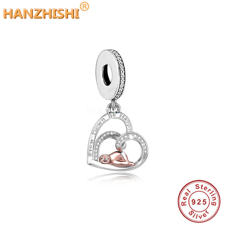 925 Silver Slow Down Be Happy Heart Dangle Beads Charms