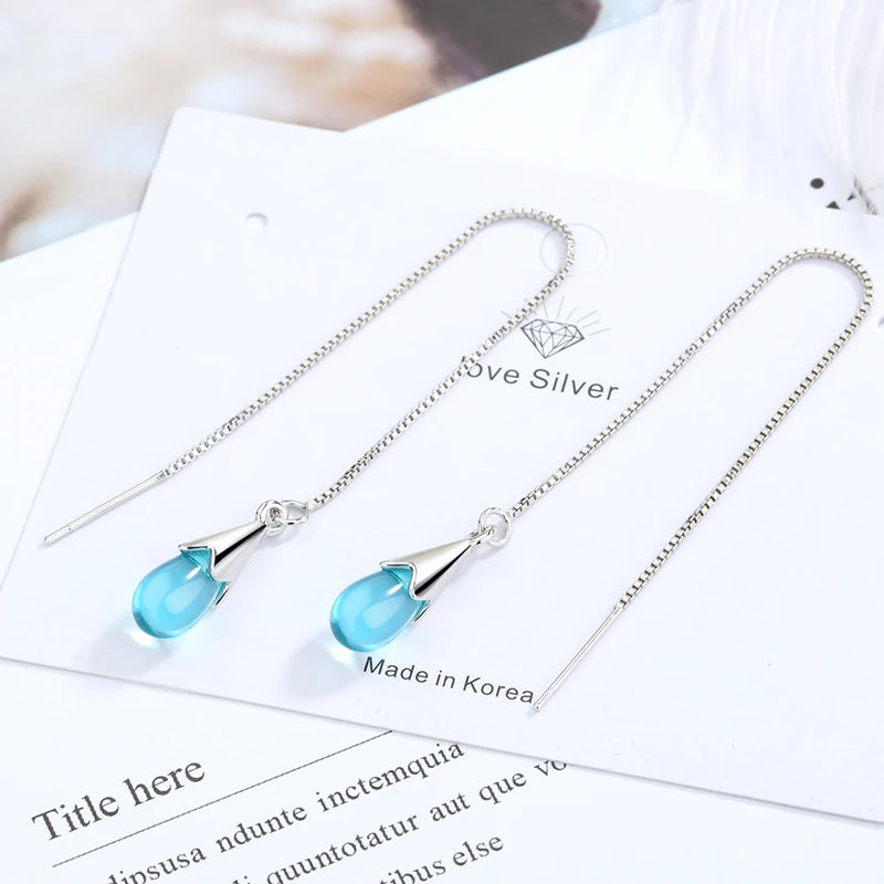 Water Drop Earrings 925 Sterling Silver Long Tassel Chain S-E665