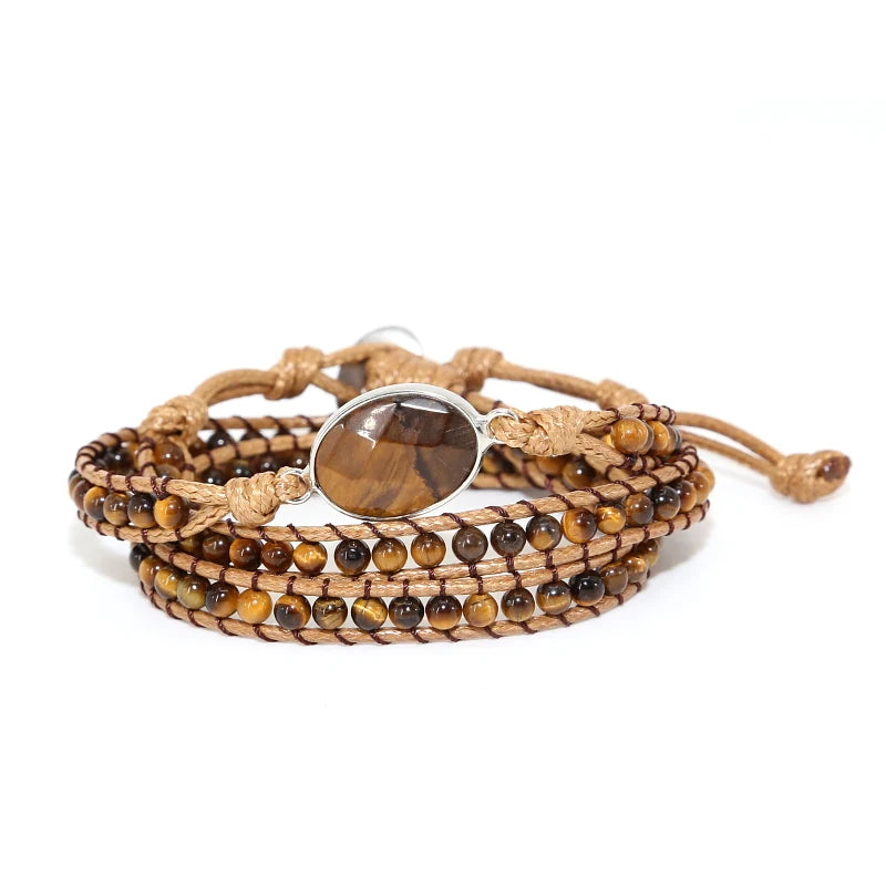 Real Leather Bracelet with Mixed Natural Stones and Tiger Eye Stone Charm