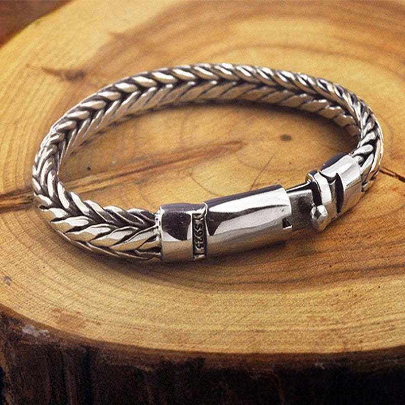 S925 Pure Silver Hand Woven Vintage Men's Bangle Bracelet