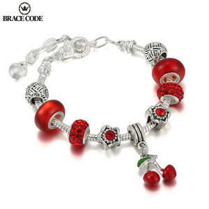 Red Beaded Cherry Charm Bracelet Silver Plated Ladies Bracelet