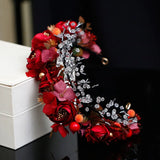 Red Flowers Bridal Tiara Garland Crystal Beaded Headband
