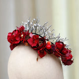 Red Flowers Bridal Tiara Garland Crystal Beaded Headband