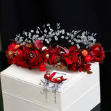 Red Flowers Bridal Tiara Garland Crystal Beaded Headband