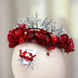 Red Flowers Bridal Tiara Garland Crystal Beaded Headband