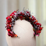 Red Flowers Bridal Tiara Garland Crystal Beaded Headband