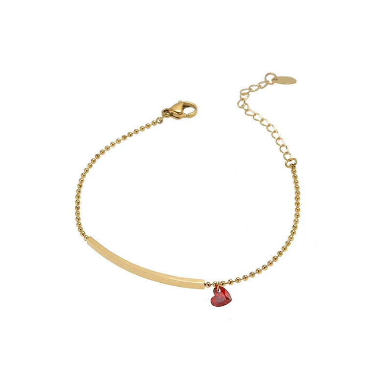 Red Heart Bar Round Bead Bracelet Titanium Steel Plated 18K Charms Bracelet