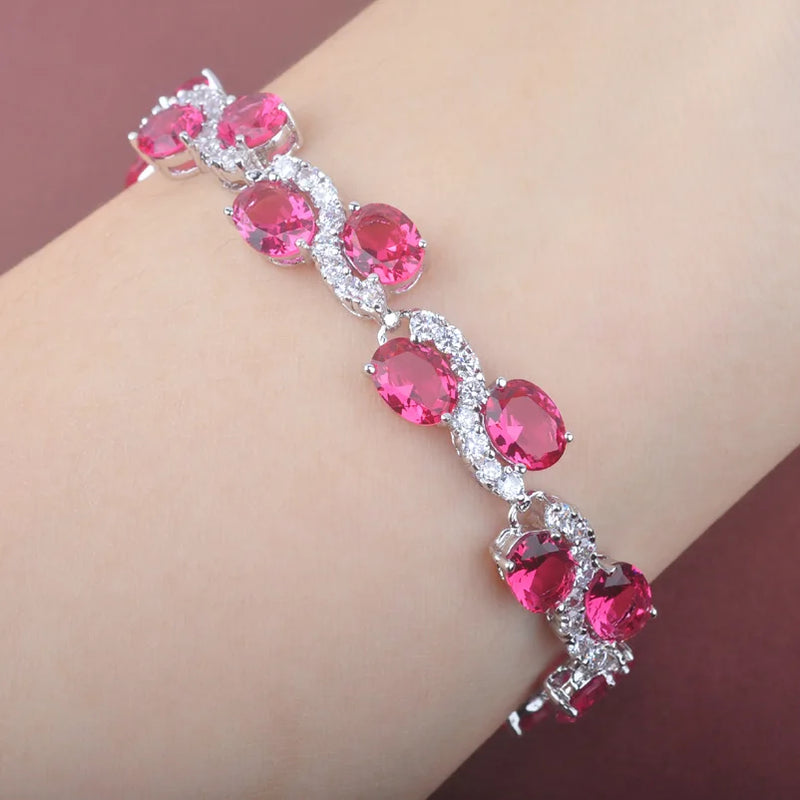 Red Zirconia Silver Link Chain Bracelet
