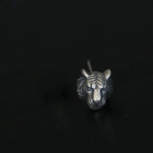 925 Sterling Silver Tiger Carved Head Stud Earrings Retro 3D Jewelry