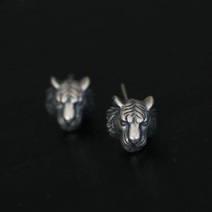 925 Sterling Silver Tiger Carved Head Stud Earrings Retro 3D Jewelry