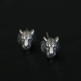 925 Sterling Silver Tiger Carved Head Stud Earrings Retro 3D Jewelry