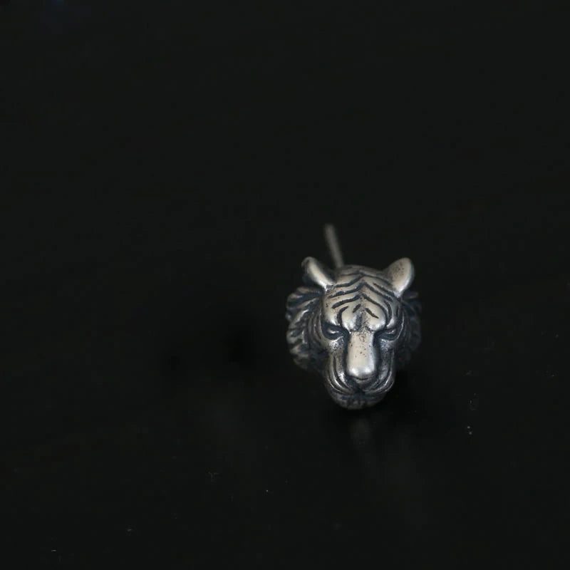 925 Sterling Silver Tiger Carved Head Stud Earrings Retro 3D Jewelry