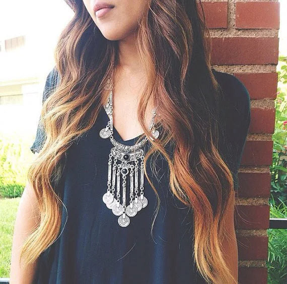 Antique Silver Boho Tassel Pendant Necklace