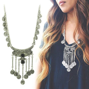 Antique Silver Boho Tassel Pendant Necklace