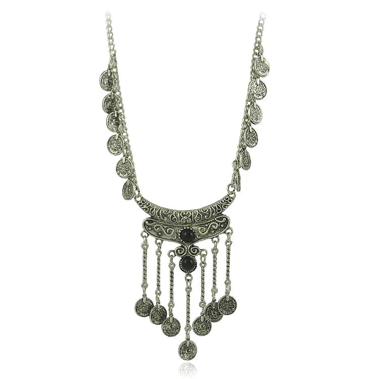 Antique Silver Boho Tassel Pendant Necklace