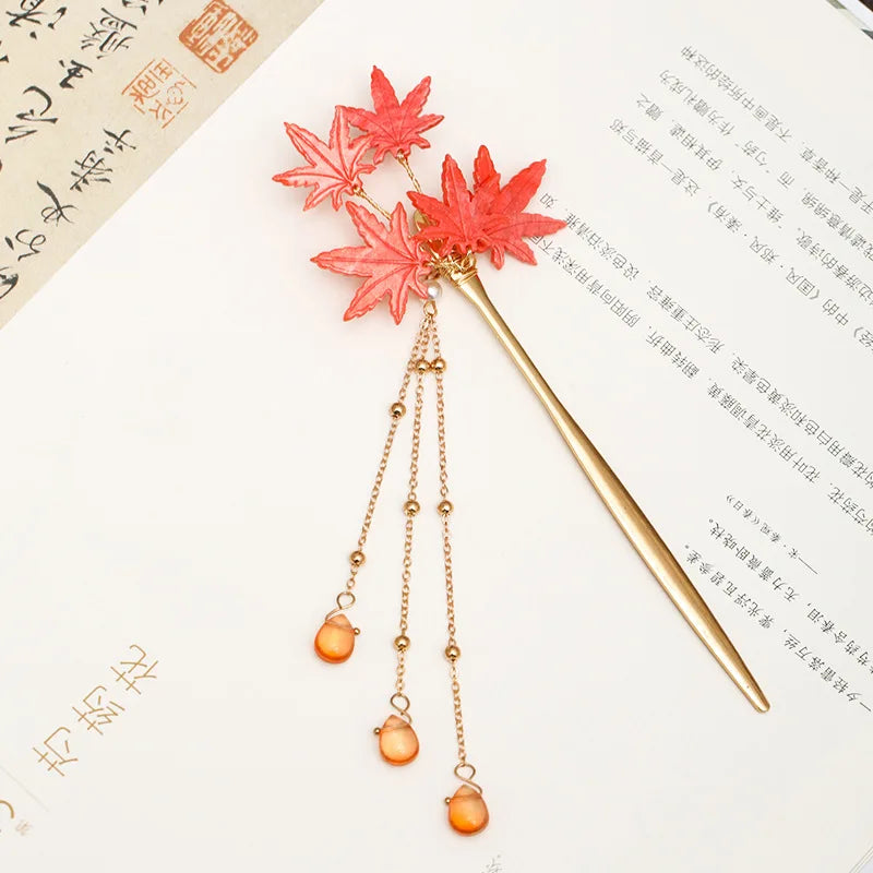 Autumn Maple Leaf Hairpins Clips Hair Sticks Forks Hair Combs Tassel Necklace