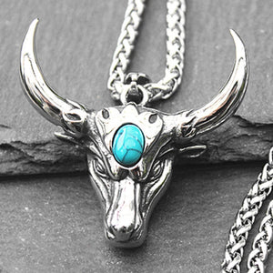 Turquoise Bull Head Pendant Necklace Personality Domineering