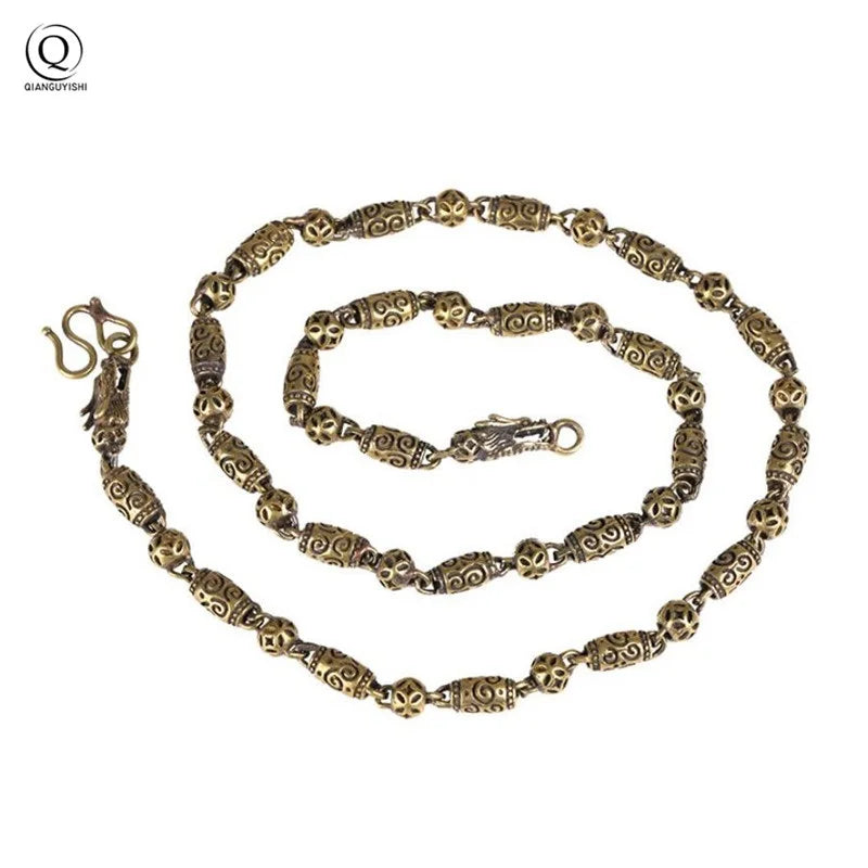 Brass Heart Pattern Dragon Head Chain Necklace Men Punk Vintage Copper Beads