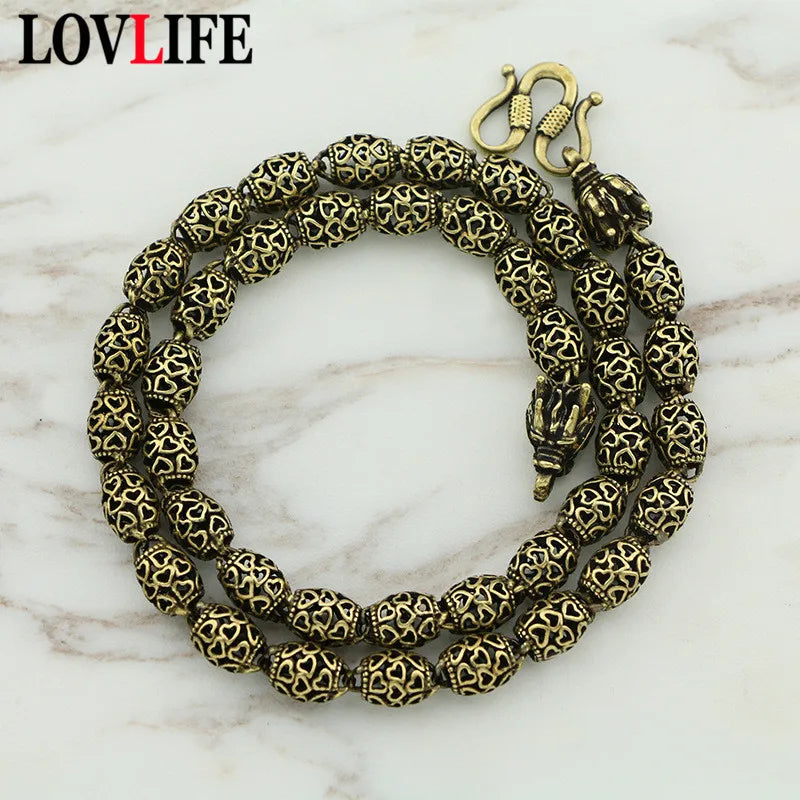 Vintage Brass Dragon Head Chain Necklace Men Punk Retro Cylinder Beads