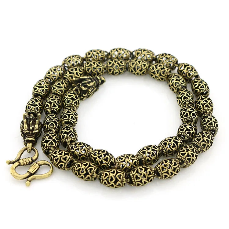 Vintage Brass Dragon Head Chain Necklace Men Punk Retro Cylinder Beads